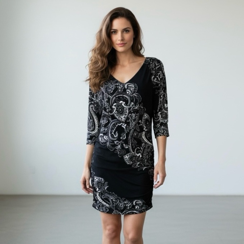 White House Black Market Paisley V-Neck Black Grey White Mini Dress